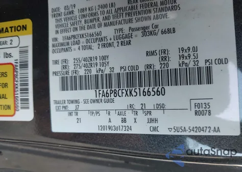 2019 Ford Mustang Gt из США, поврежденный, VIN 1FA6P8CFXK5166560